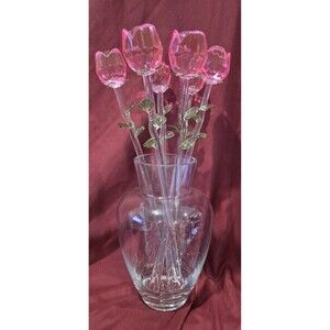 New Eros Glass Rose Bouquet Set 6 Crystal Pink Roses 8” Heart Vase New In Box